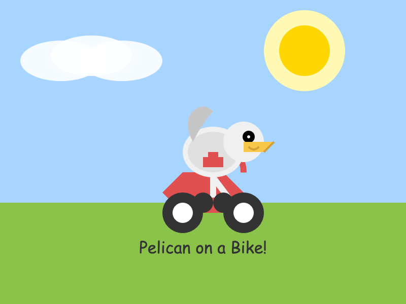 This one is cute: blue sky, green grass, the sun is shining. The bicycle is a red block with wheels that looks more like a toy car. The pelican doesn't look like a pelican and has a quirky smile printed on its beak.