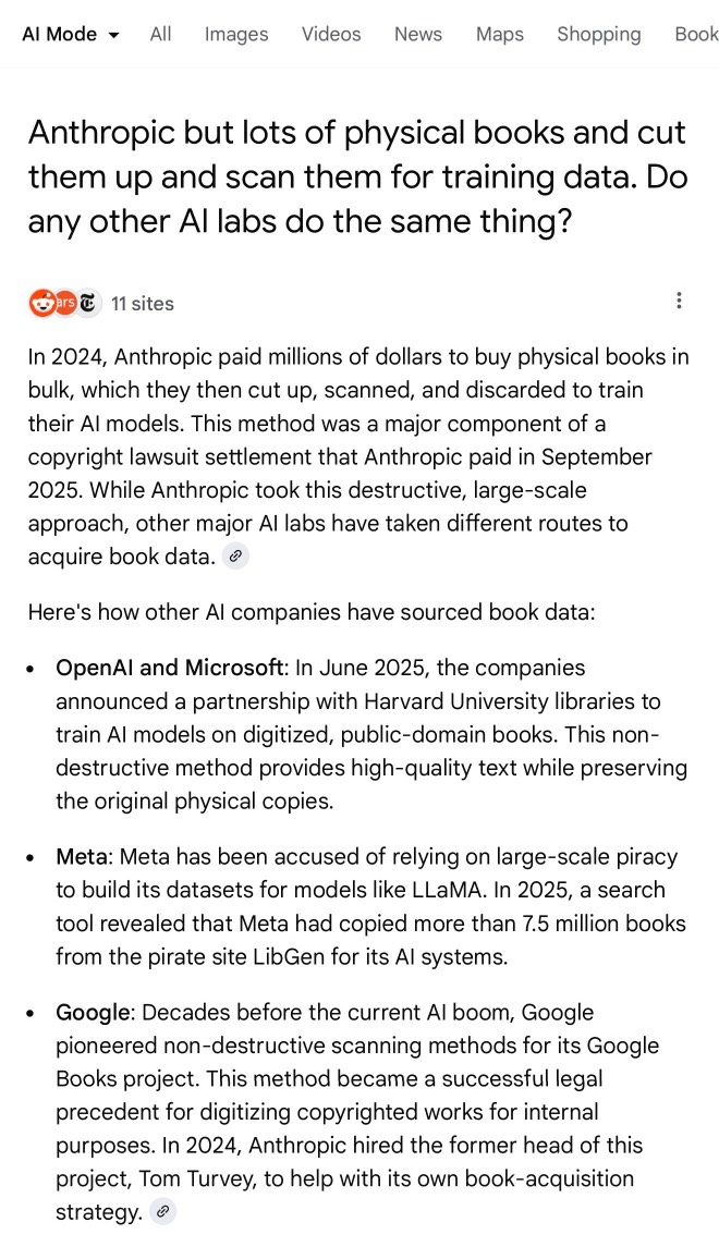 Screenshot of search results page with navigation tabs "AI Mode" and more.  Main search query reads "Anthropic but lots of physical books and cut them up and scan them for training data. Do any other AI labs do the same thing?" Results show "11 sites" and include text: "In 2024, Anthropic paid millions of dollars to buy physical books in bulk, which they then cut up, scanned, and discarded to train their AI models. This method was a major component of a copyright lawsuit settlement that Anthropic paid in September 2025. While Anthropic took this destructive, large-scale approach, other major AI labs have taken different routes to acquire book data." Followed by "Here's how other AI companies have sourced book data:" with bullet points for "OpenAI and Microsoft: In June 2025, the companies announced a partnership with Harvard University libraries to train AI models on digitized, public-domain books. This non-destructive method provides high-quality text while preserving the original physical copies." "Meta: Meta has been accused of relying on large-scale piracy to build its datasets for models like LLaMA. In 2025, a search tool revealed that Meta had copied more than 7.5 million books from the pirate site LibGen for its AI systems." "Google: Decades before the current AI boom, Google pioneered non-destructive scanning methods for its Google Books project. This method became a successful legal precedent for digitizing copyrighted works for internal purposes. In 2024, Anthropic hired the former head of this project, Tom Turvey, to help with its own book-acquisition strategy.