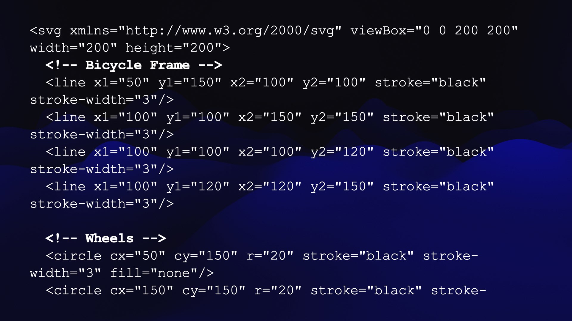 <svg xmlns="http://www.w3.0rg/2000/svg" viewBox="0 0 200 200" width="200" height="200"> <!-- Bicycle Frame --> More SVG code follows, then another comment saying Wheels, then more SVG.