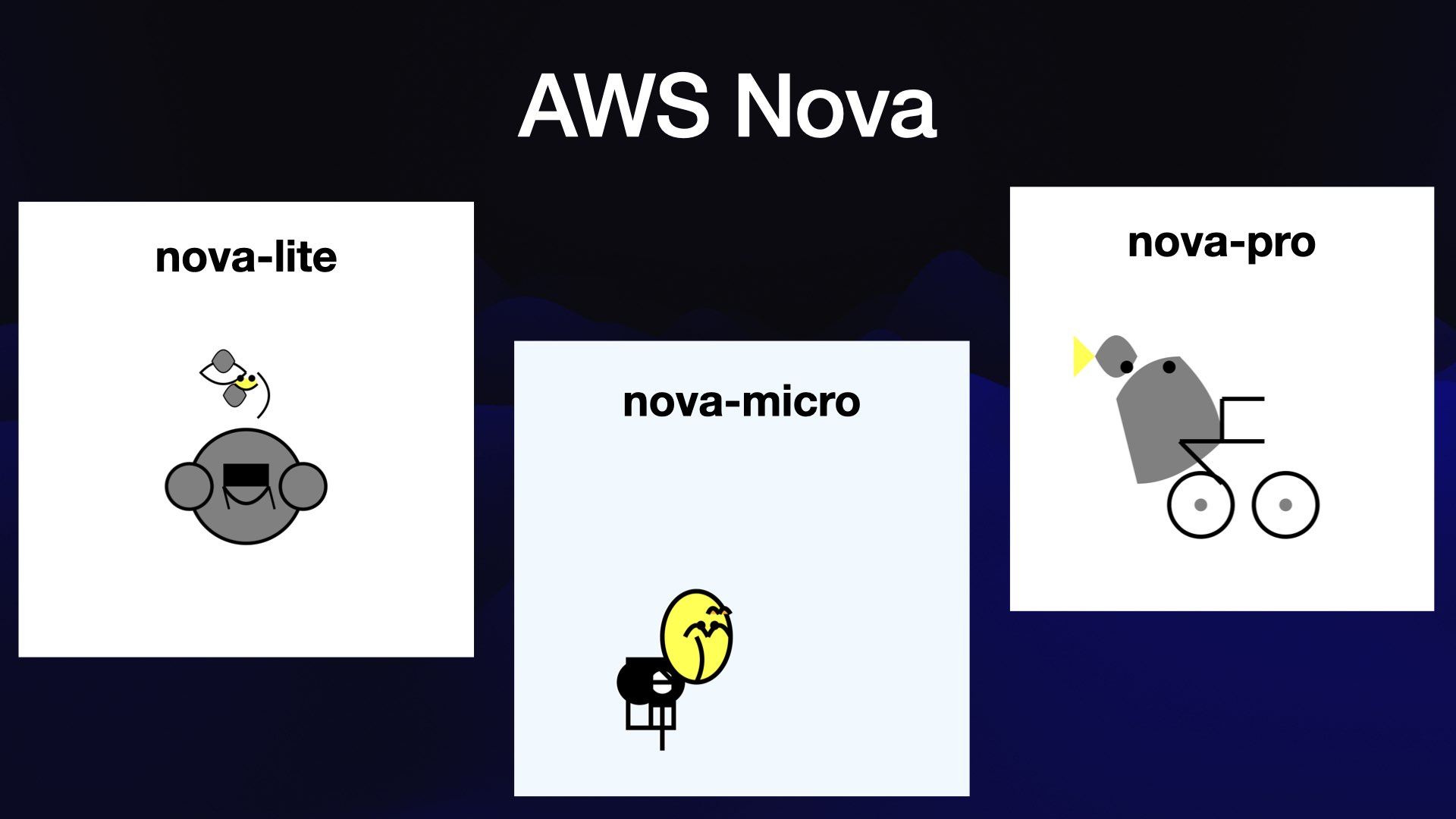 AWS Nova nova-lite - drew a weird set of grey overlapping blobs. nova-micro - some kind of creature? It has a confusing body and a yellow head. nova-pro: there are two bicycle wheels and a grey something hovering over one of the wheels.