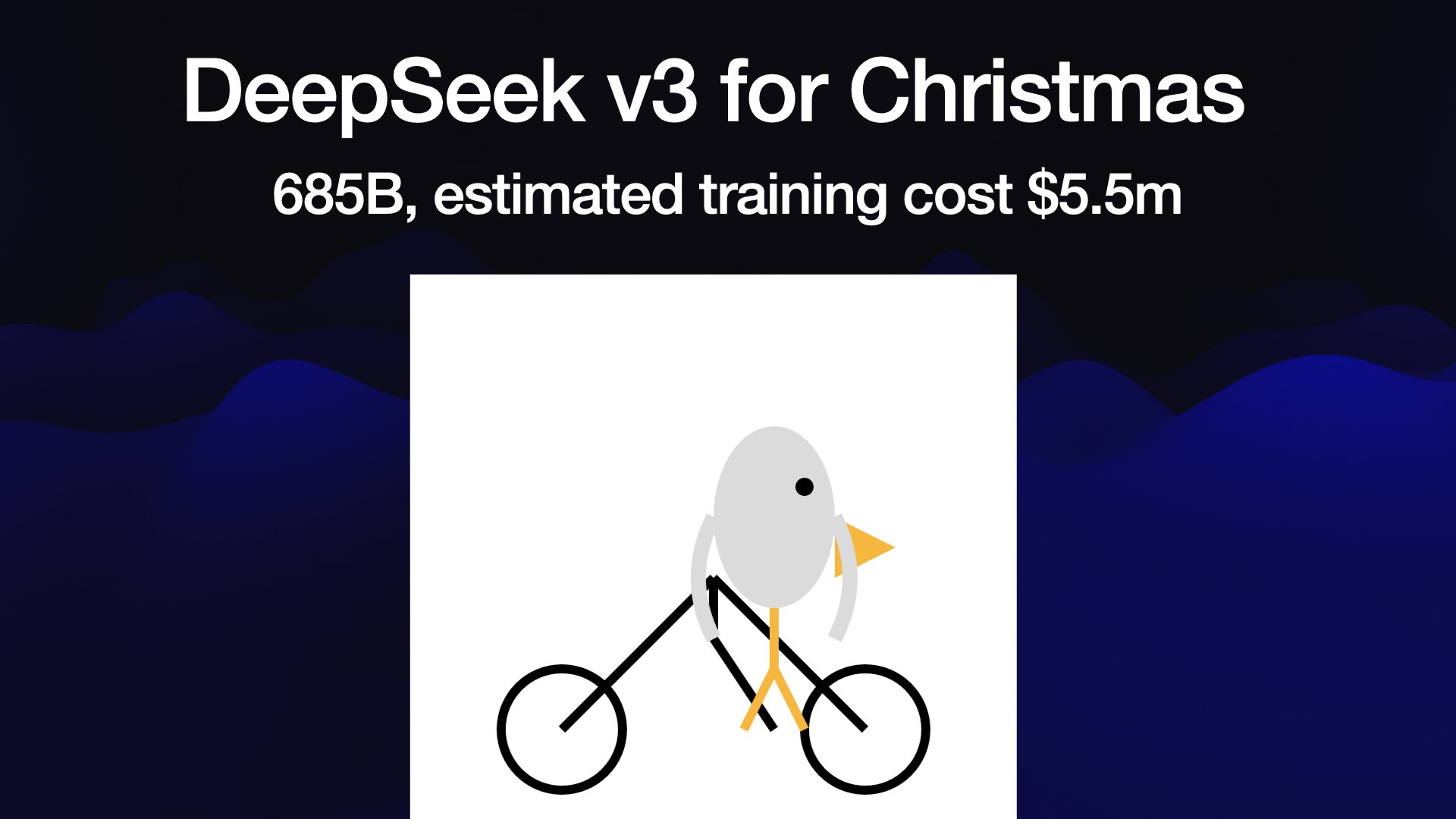 DeepSeek v3 for Christmas 685B, estimated training cost $5.5m Its pelican is the first we have seen where there is clearly a creature that might be a pelican and it is stood next to a set of wheels and lines that are nearly recognizable as a bicycle.
