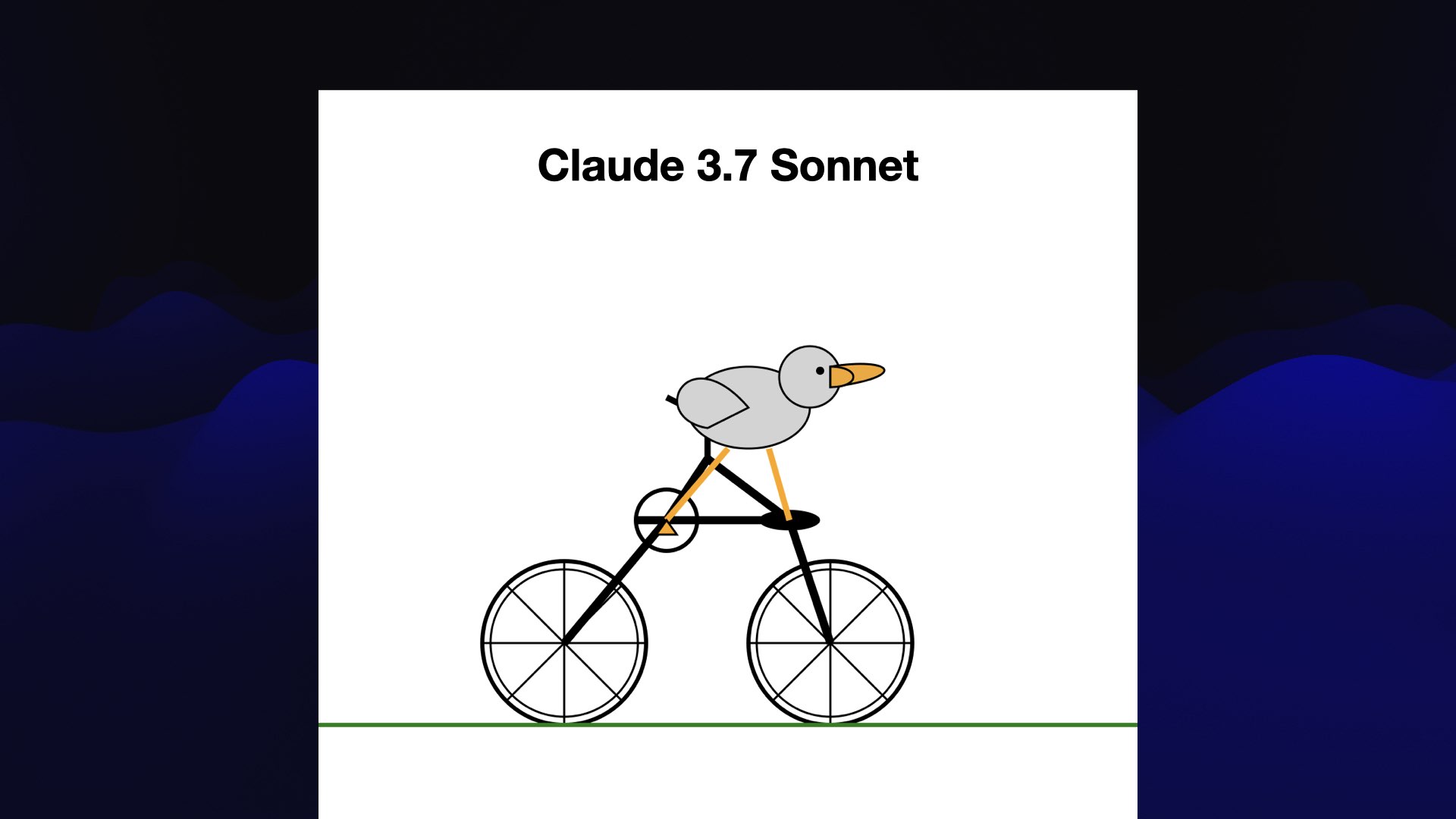 Claude 3.7 Sonnet There's a grey bird that is a bit pelican like, stood on a weird contraption on top of a bicycle with two wheels.