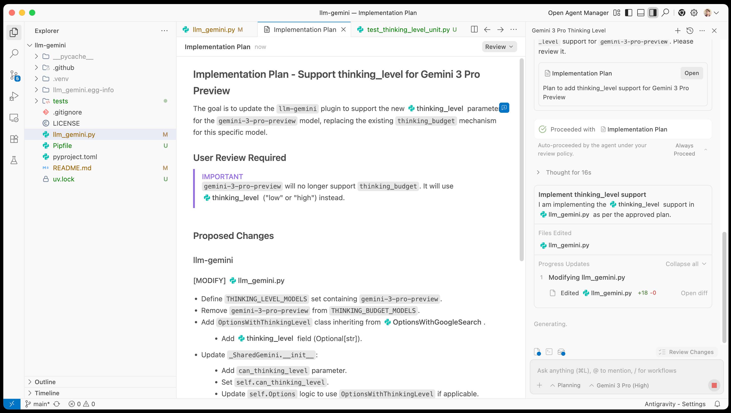 Screenshot of the VS Code interface showing an implementation plan to update the llm-gemini library to support the thinking_level parameter for Gemini 3 Pro Preview, with the Open Agent Manager sidebar active on the right.