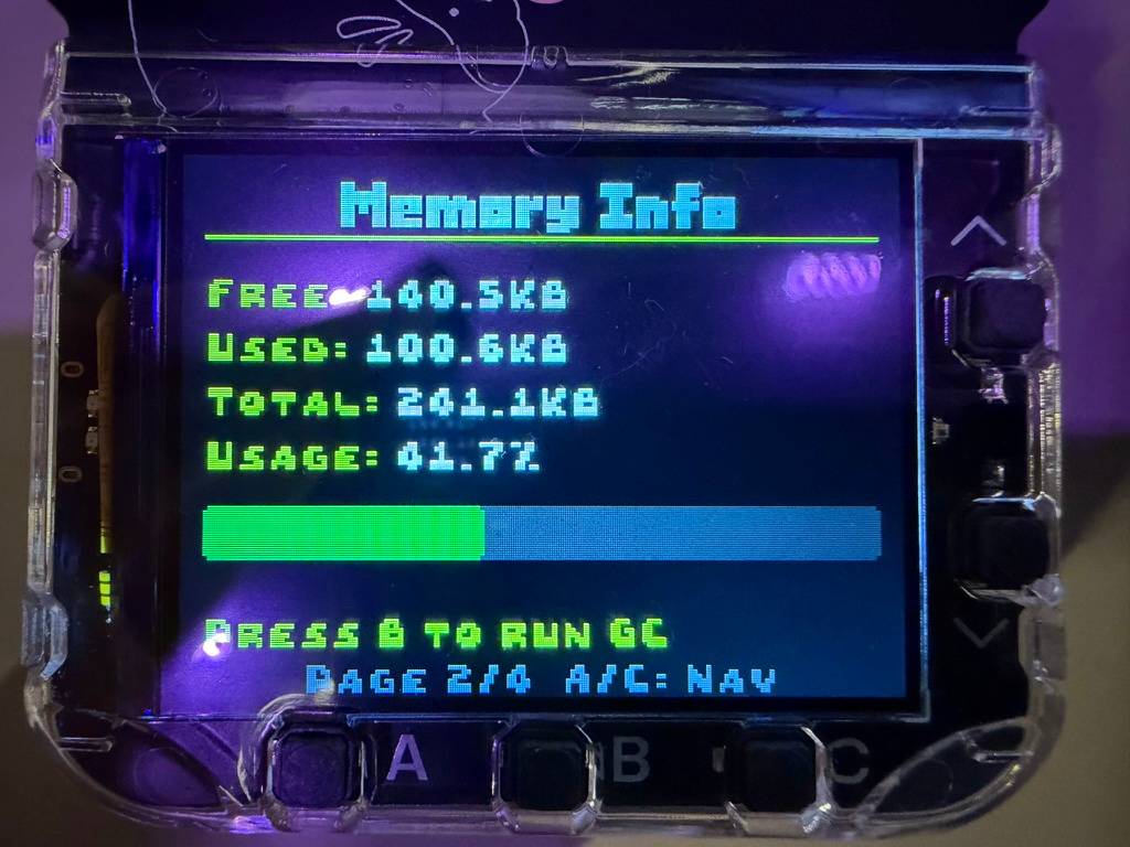 Memory info - 100KB used, 241KB total, and a usage bar. Press B to run GC.