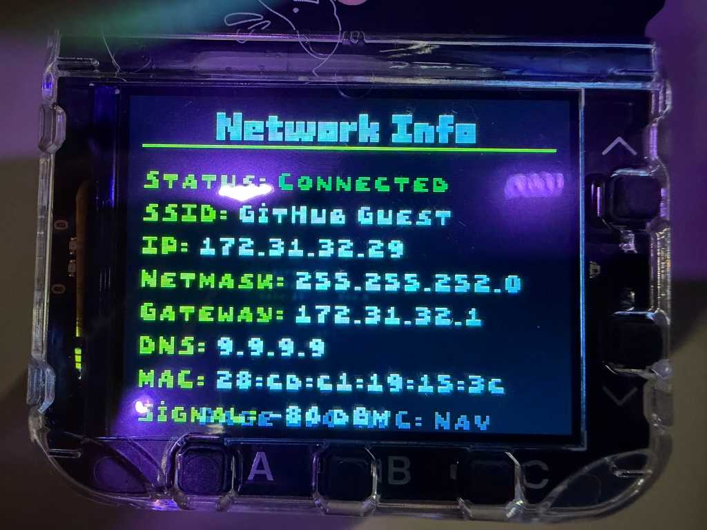 Network info, showing WiFi network details and IP address