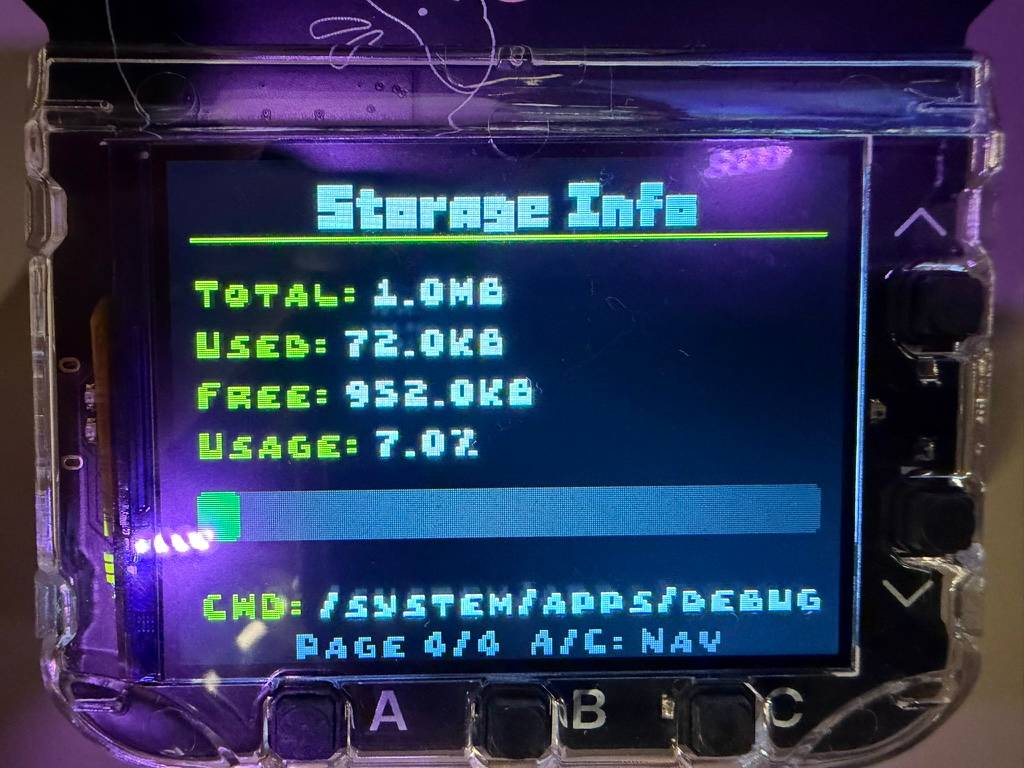 Storage screen, it has 1MB total, 72BK used. Usage 7%. CMD is /system/apps/debug