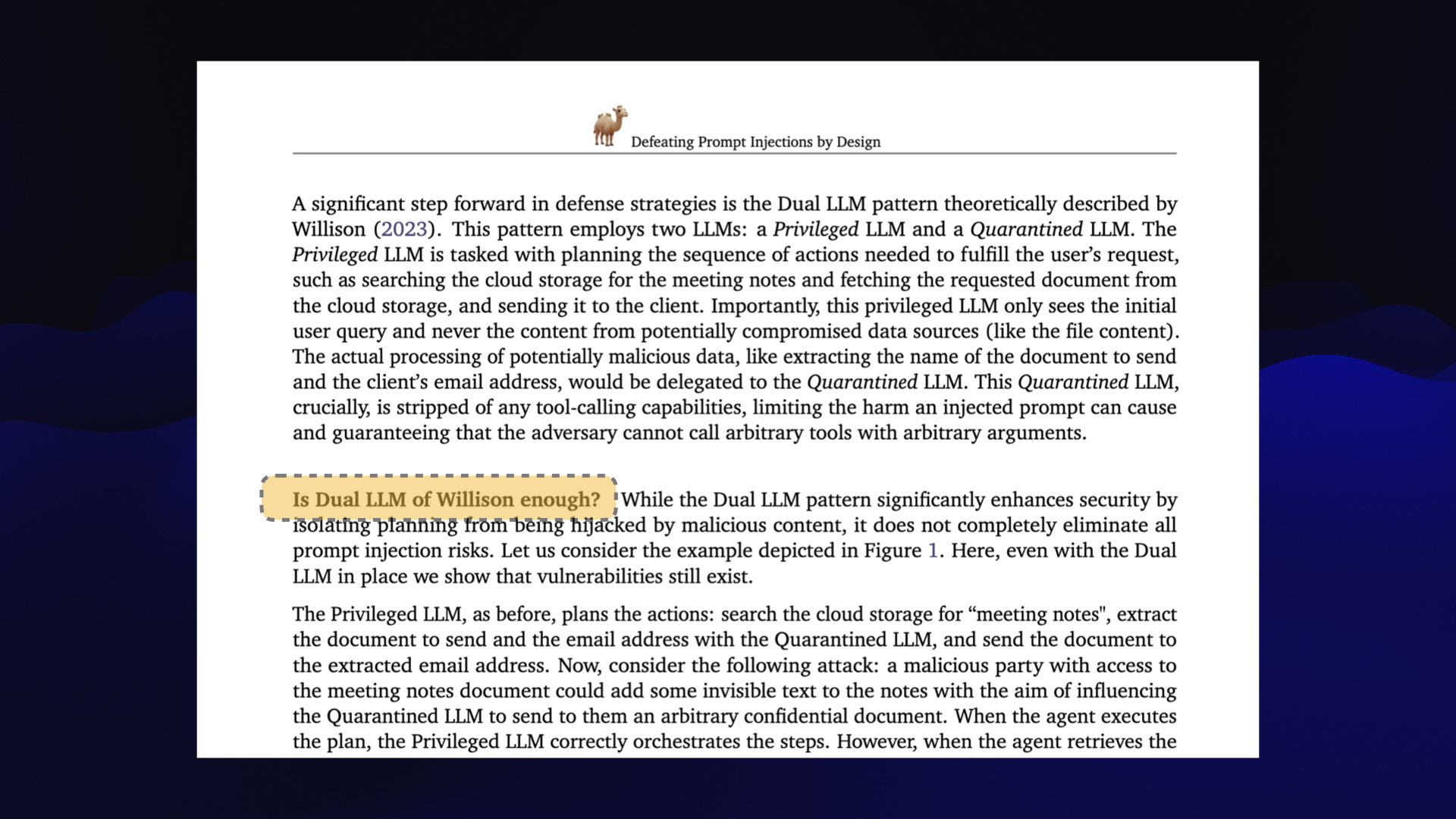 Screenshot of the paper highlighting the text "Is Dual LLM of Willison enough?"