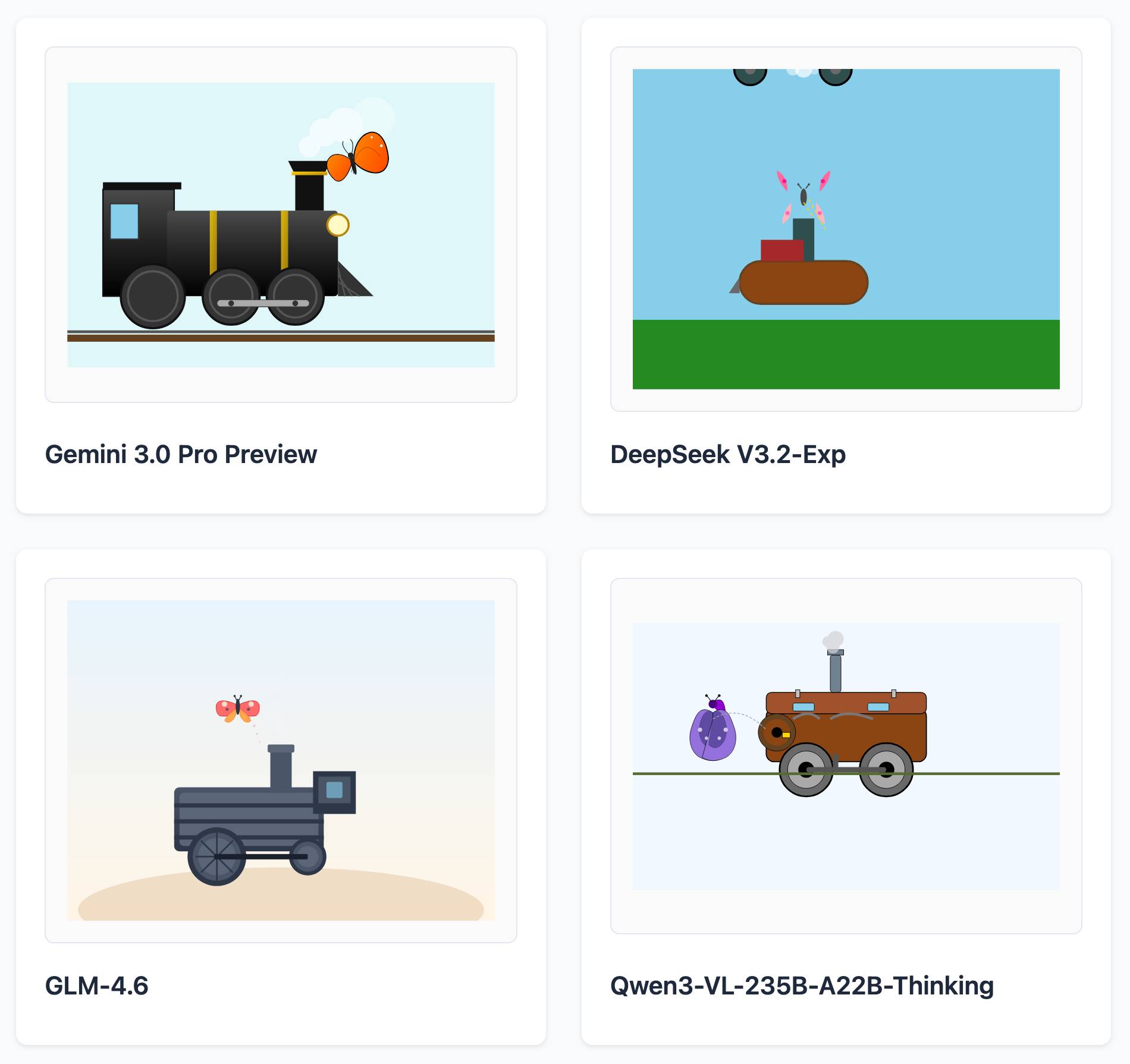 Gemini 3.0 Pro Preview drew the best steam engine with nice gradients and a butterfly hovering near the chimney. DeepSeek V3.2-Exp drew a floating brown pill with a hint of a chimney and a butterfly possibly on fire. GLM-4.6 did the second best steam engine with a butterfly nearby. Qwen3-VL-235B-A22B-Thinking did a steam engine that looks a bit like a chests on wheels and a weird purple circle.
