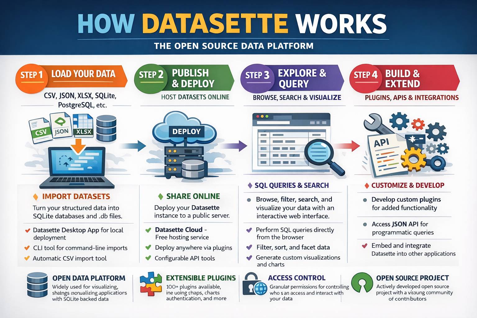 Infographic titled "HOW DATASETTE WORKS" with subtitle "THE OPEN SOURCE DATA PLATFORM" showing a four-step workflow. STEP 1 (orange): "LOAD YOUR DATA" - "CSV, JSON, XLSX, SQLite, PostgreSQL, etc." with icons of file types flowing into a laptop. Below: "IMPORT DATASETS - Turn your structured data into SQLite databases and .db files." with checkmarks for "Datasette Desktop App for local deployment", "CLI tool for command-line imports", "Automatic CSV import tool". STEP 2 (green): "PUBLISH & DEPLOY" - "HOST DATASETS ONLINE" with cloud and server icons labeled "DEPLOY". Below: "SHARE ONLINE - Deploy your Datasette instance to a public server." with checkmarks for "Datasette Cloud - Free hosting service", "Deploy anywhere via plugins", "Configurable API tools". STEP 3 (purple): "EXPLORE & QUERY" - "BROWSE, SEARCH & VISUALIZE" with database and browser window icons. Below: "SQL QUERIES & SEARCH - Browse, filter, search, and visualize your data with an interactive web interface." with checkmarks for "Perform SQL queries directly from the browser", "Filter, sort, and facet data", "Generate custom visualizations and charts". STEP 4 (red): "BUILD & EXTEND" - "PLUGINS, APIS & INTEGRATIONS" with gear and wrench icons labeled "API". Below: "CUSTOMIZE & DEVELOP" with bullets "Develop custom plugins for added functionality", "Access JSON API for programmatic queries", "Embed and integrate Datasette into other applications". Bottom banner shows four features: "OPEN DATA PLATFORM - Widely used for visualizing, sharing and building applications with SQLite backed data", "EXTENSIBLE PLUGINS - 100+ plugins available, inc uding chaps, charts authentication, and more", "ACCESS CONTROL - Granular permissions for controlling who s an access and interact with your data", "OPEN SOURCE PROJECT - Actively developed open source project with a vibrant community of contributors".