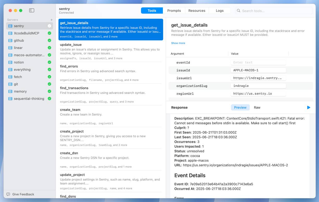 Screenshot of a native macOS app for debugging MCP servers. Left sidebar shows connected servers including sentry, github, linear and others with green status indicators. Main panel displays get_issue_details API function with parameters for retrieving Swift app crash data. Right side shows detailed Sentry example - an error information for an EXC_BREAKPOINT crash in ContextCore/StdioTransport.swift, including timestamps, occurrence count, affected users, and event details. Clean modern interface with blue accent colors and organized navigation tabs.