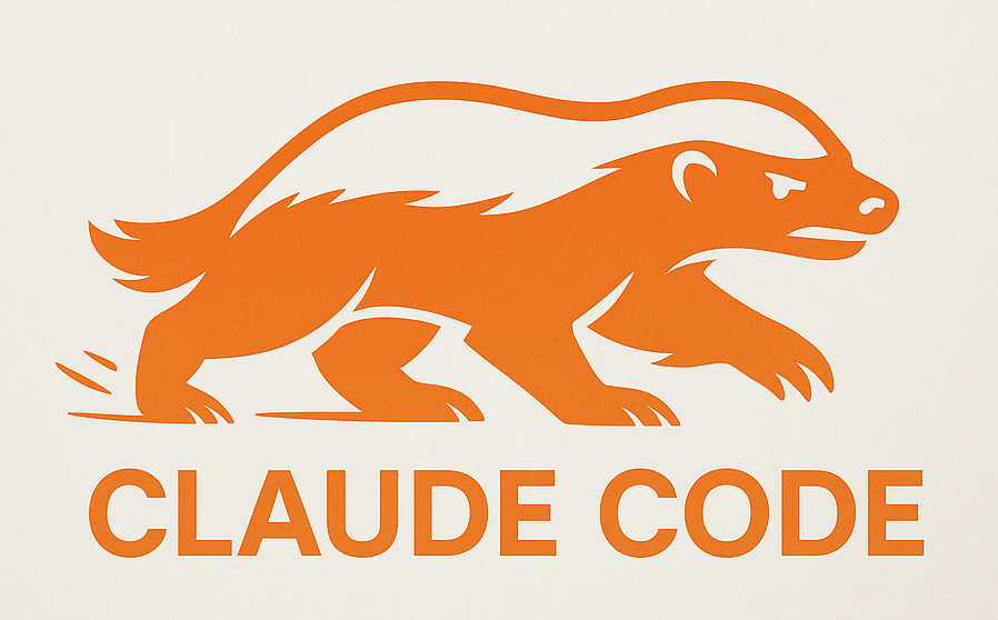 Logo for Claude Code - has that text on it and a orange shaded vector art style honey badger looking a bit mean, all in Anthropic orange.