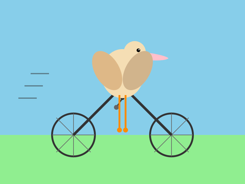Described by Haiku 4.5: A whimsical illustration of a bird with a round tan body, pink beak, and orange legs riding a bicycle against a blue sky and green grass background.
