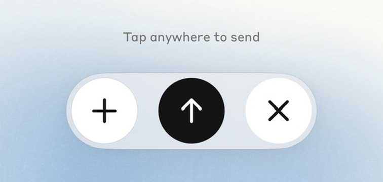 Mobile app interface screenshot showing three circular buttons in a row - a plus sign, an upward arrow (highlighted in black), and an X symbol, with "Tap anywhere to send" text above