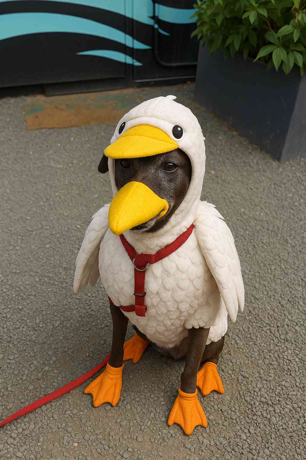 Cleo is now wearing that same pelican costume (the four little orange webbed feet boots are a particularly fun touch) but the photo background more closely matches my original photo. The sign and the flying pelican are gone.