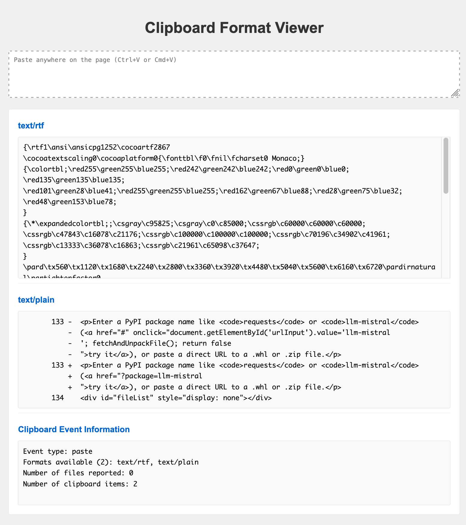 Clipboard Format Viewer. Paste anywhere on the page (Ctrl+V or Cmd+V). This shows text/rtf with a bunch of weird code, text/plain with some pasted HTML diff and a Clipboard Event Information panel that says Event type: paste, Formats available: text/rtf, text/plain, 0 files reported and 2 clipboard items reported.