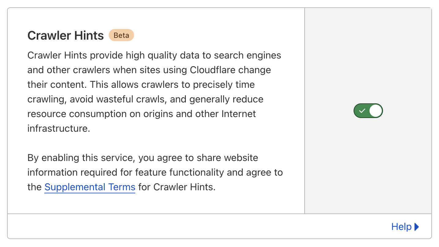 Screenshot of Cloudflare settings panel showing "Crawler Hints Beta" with description text explaining that Crawler Hints provide high quality data to search engines and other crawlers when sites using Cloudflare change their content. This allows crawlers to precisely time crawling, avoid wasteful crawls, and generally reduce resource consumption on origins and other Internet infrastructure. Below states "By enabling this service, you agree to share website information required for feature functionality and agree to the Supplemental Terms for Crawler Hints." There is a toggle switch in the on position on the right side and a "Help" link in the bottom right corner.