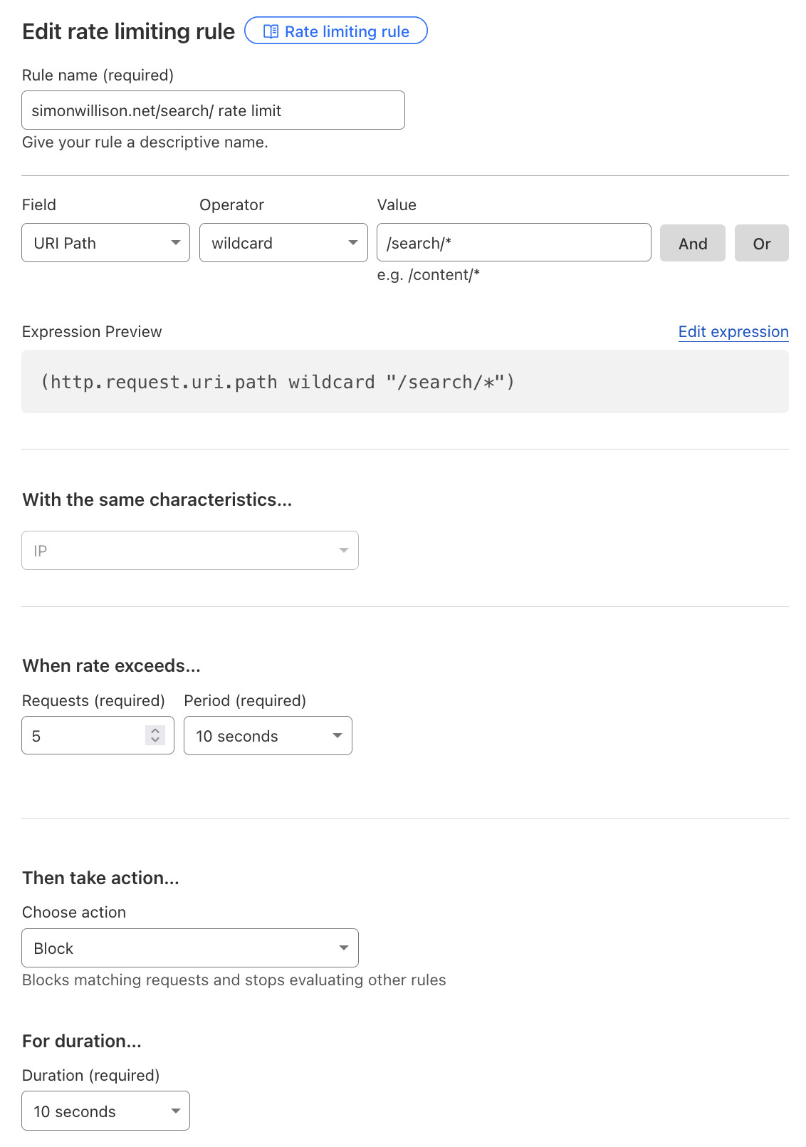 Screenshot of a rate limiting rule configuration interface titled "Edit rate limiting rule" with fields filled as follows: Rule name "simonwillison.net/search/ rate limit", URI Path field set to wildcard operator with value "/search/", IP-based rate limiting set to 5 requests per 10 seconds, action set to Block for 10 seconds duration, with expression preview showing (http.request.uri.path wildcard "/search/")