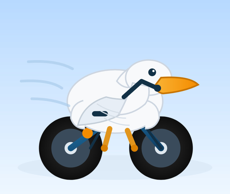 A plump white bird with an orange beak and small black eyes crouches low on a blue bicycle with oversized dark wheels, shown racing forward with motion lines against a soft gradient blue sky.