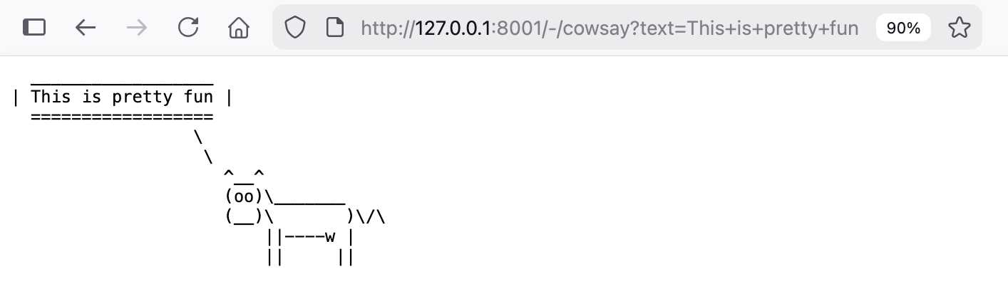 Screenshot of that URL in Firefox, an ASCII art cow says This is pretty fun.
