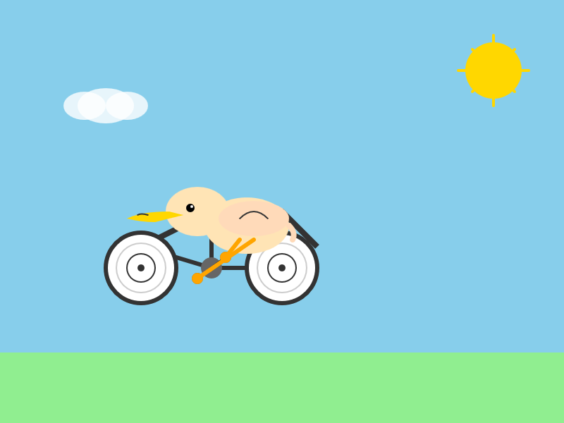 The bicycle is levitating against a blue sky. The pelican looks a little bit more like a baby chicken but does at least have a long beak.