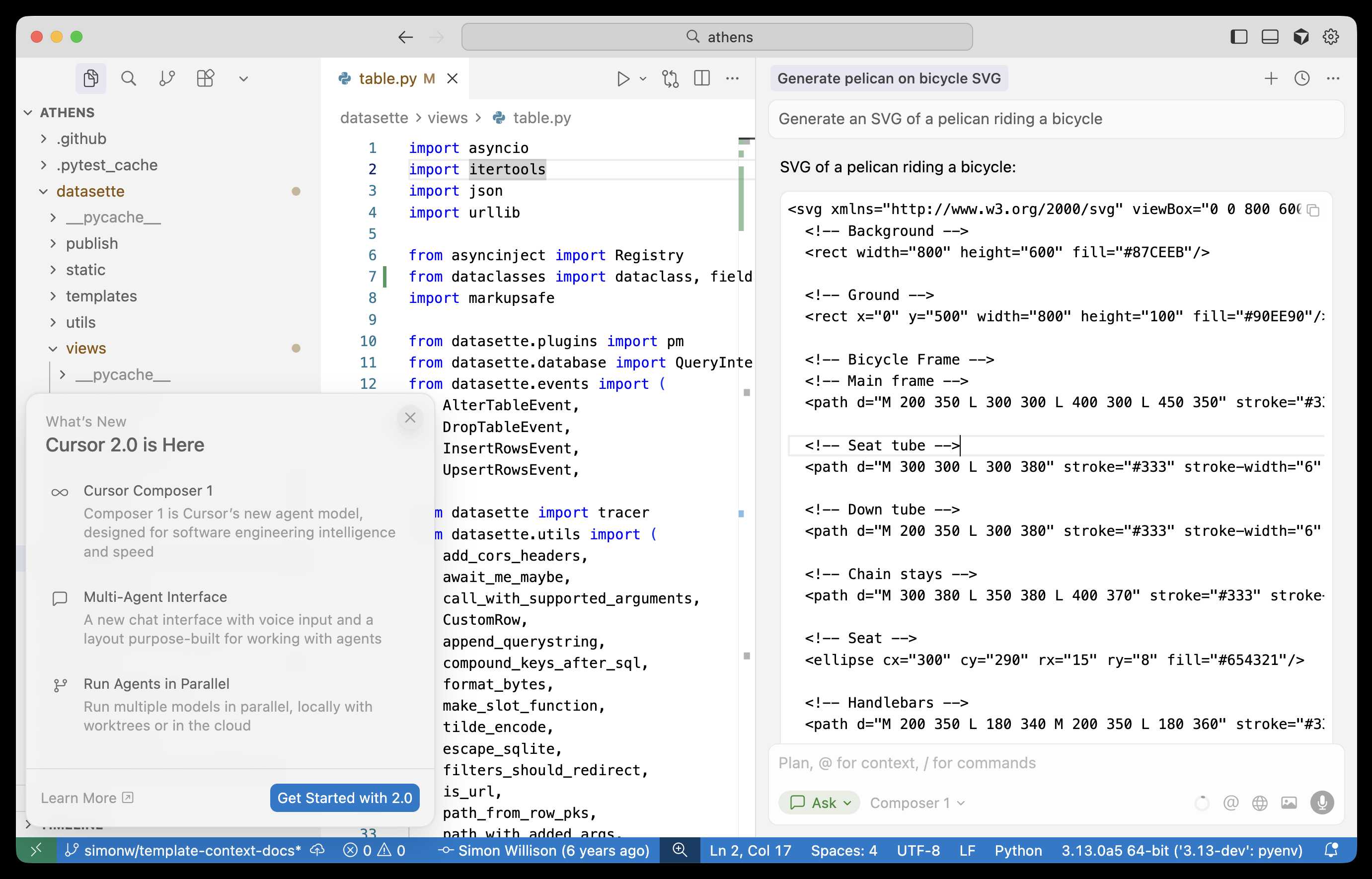 Screenshot of Cursor 2 - In the chat panel I have asked the question and it spat out a bunch of SVG.