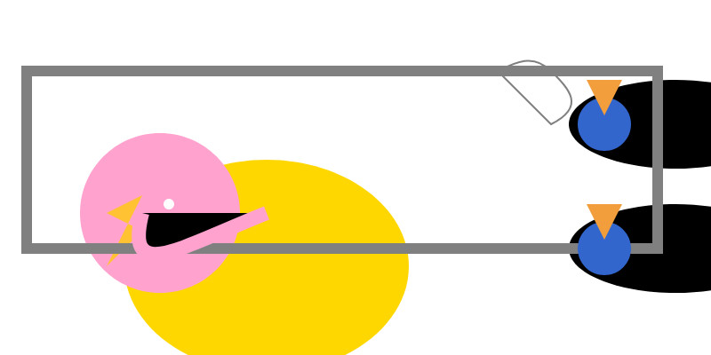 A pink circle ovenrlaps a yellow oval, with a grey thick lined rectangle cutting thorough both. Two identical blue circles on the right have orange triangular elements and black ovals, a fair distance from the bit that might represent the pelican - it's very hard to tell.