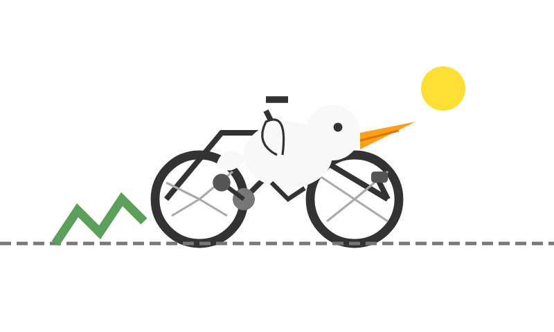 A much better pelican on a bicycle - you can tell it's a bicycle and you can tell that it's a white bird with a long orange beak riding it, albeit it's not clearly a pelican and the bird is lying beneath the seat.
