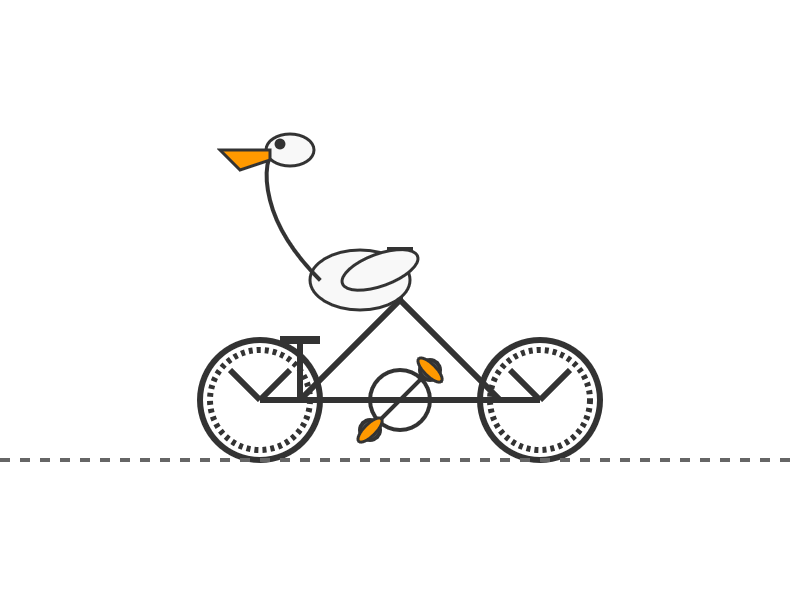 Claude Sonnet 4.5 says: Minimalist line drawing illustration of a stylized bird riding a bicycle, with clock faces as wheels showing approximately 10:10, orange beak and pedal accents, on a light gray background with a dashed line representing the ground.