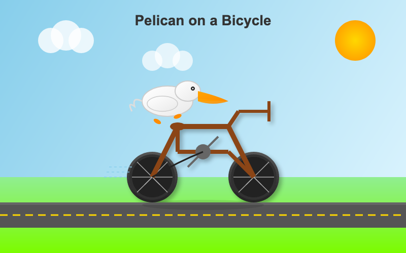 Pleasing gradents for the sky and ground and sun. Neat three-circle clouds. A Pelican on a Bicycle title printed on the image. The pelican is cute but stlightly detached from the bicycle. The bicycle has a somewhat mangled brown frame.