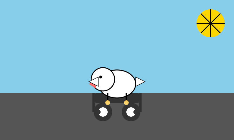 A small white pelican on what looks more like a child's cart.