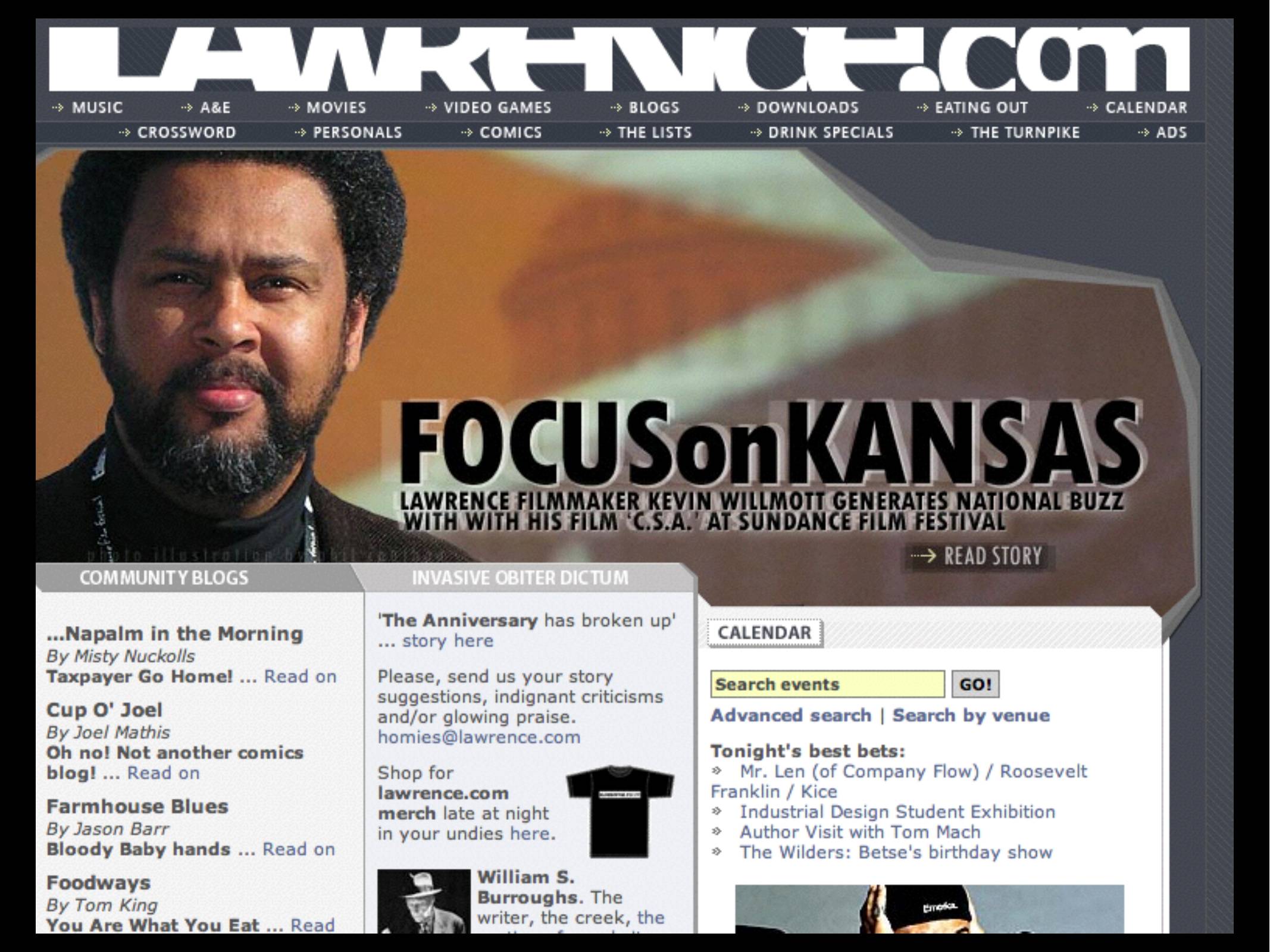 Screenshot of Lawrence.com - Focus on Kansas. Community blogs, calendars, merch, links to movies, video games, eating out and more.