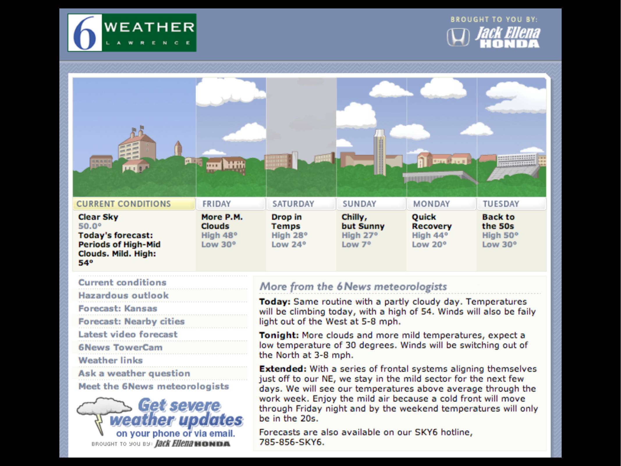 6 Weather Lawrence. An image shows the Lawrence skyline with different conditions for the next 6 days.
