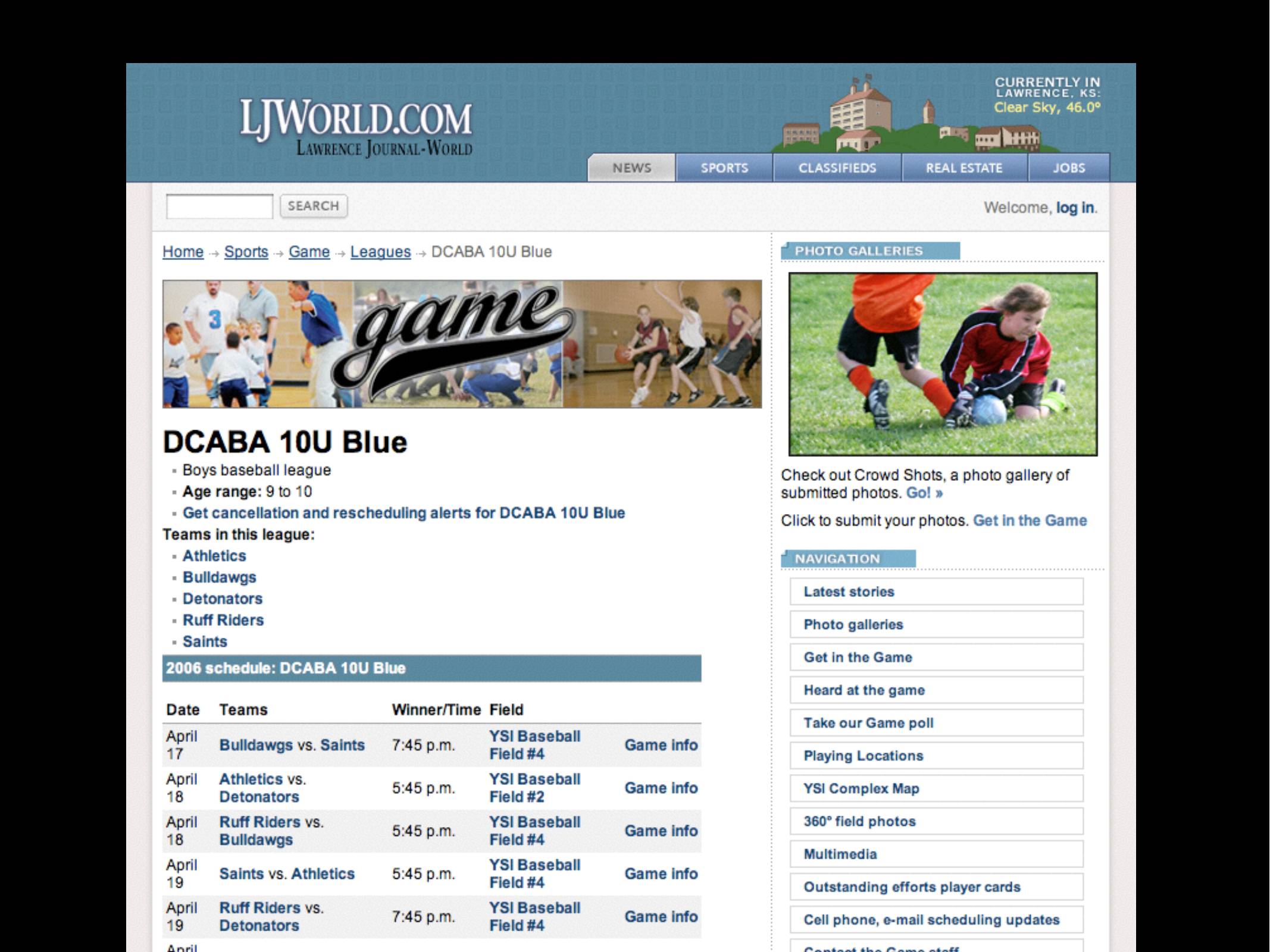 A Game page showing DCABA 10K Blue - a local team plus their schedule.