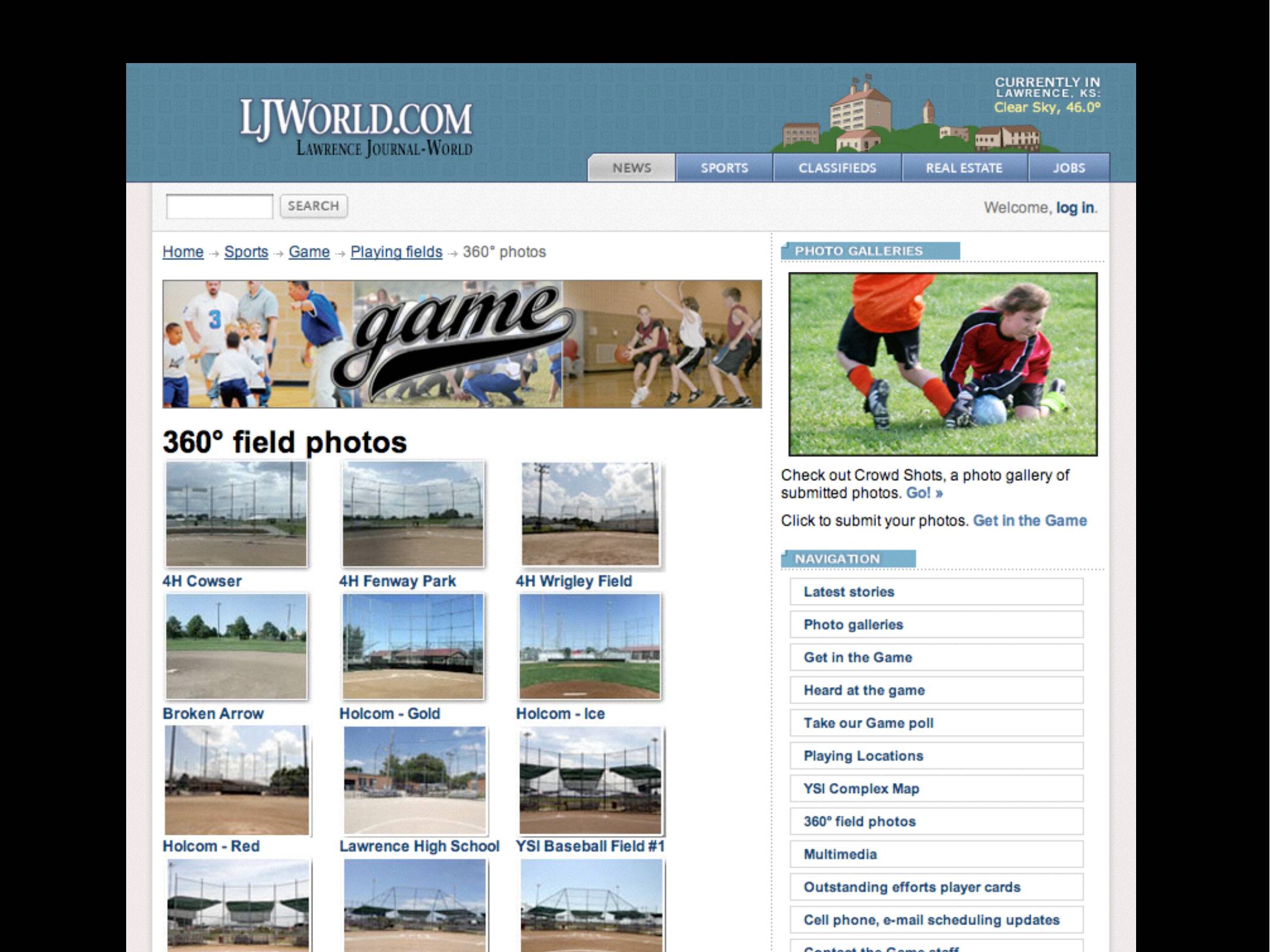 An index page showing 360 degree field photos for 12 different venues around town.