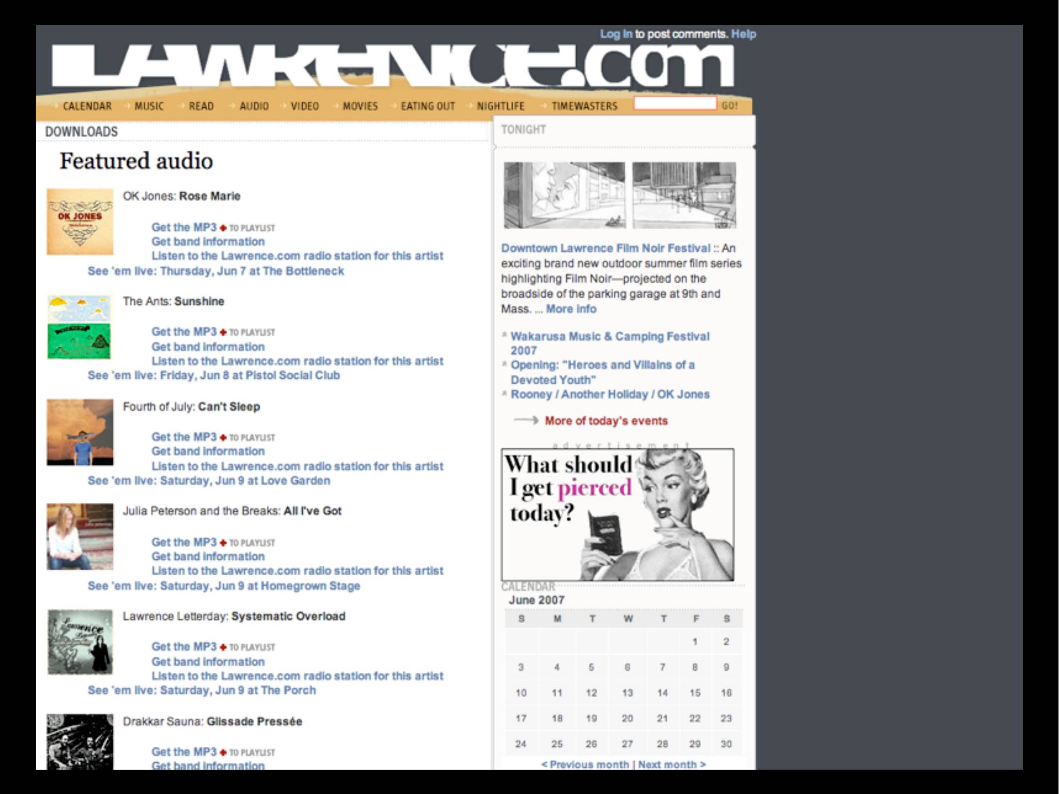 Lawrence.com featured audio page - a list of bands each with links to their music and information about where they are playing in town this week.