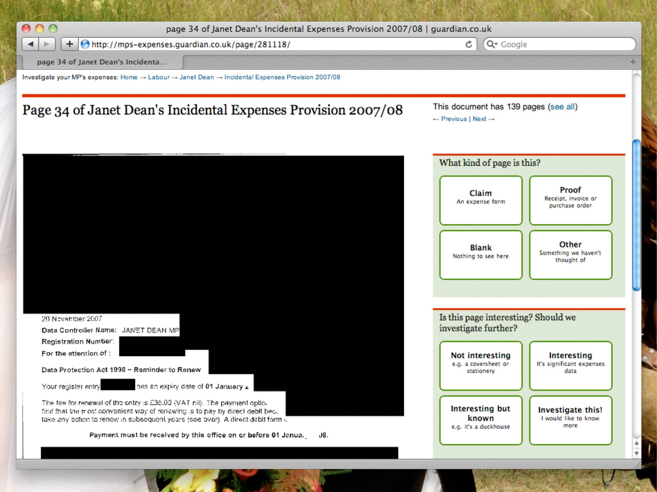 Page 34 of Janet Dean's Incidental Expenses Provision 2007/08

Much of the page is redacted. 

What kind of page is this? Buttons for:
Claim, Proof, Blank, Other

Is this page interesting? Should we investigate it further?