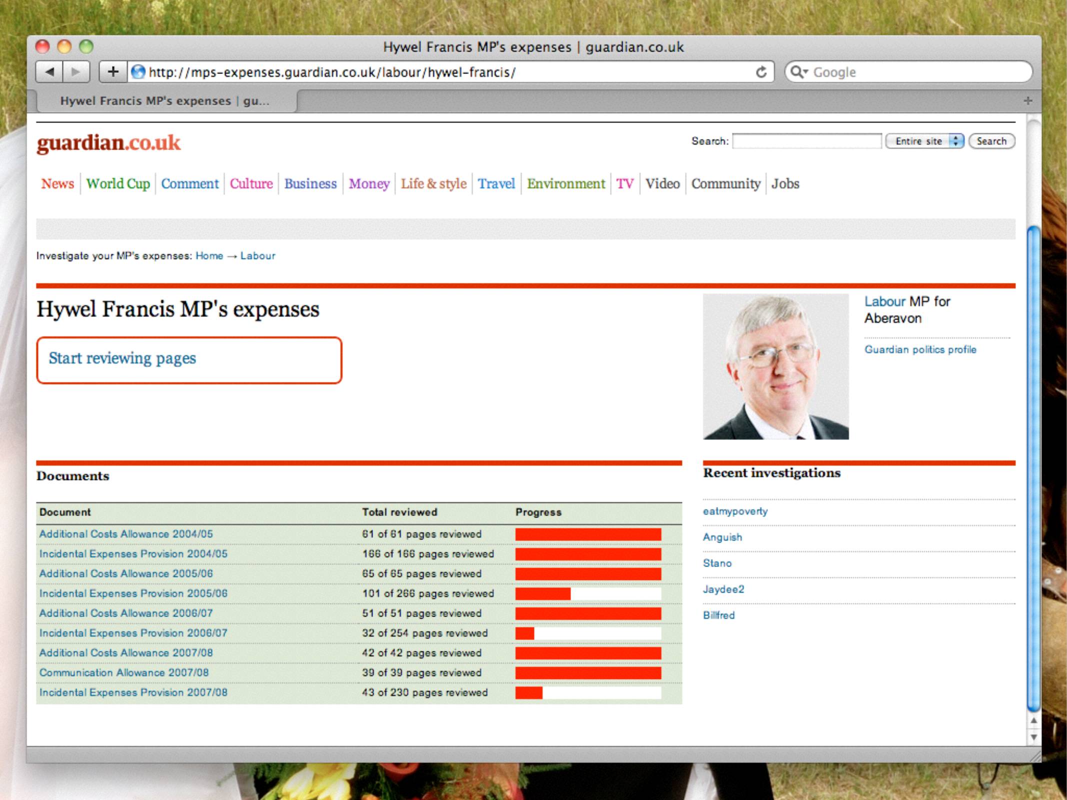 Hywel Francis MP's expenses

Labour MP for Aberavon. A photo of him smiling. Below is a table of documents each showing progress through reviewing each one.
