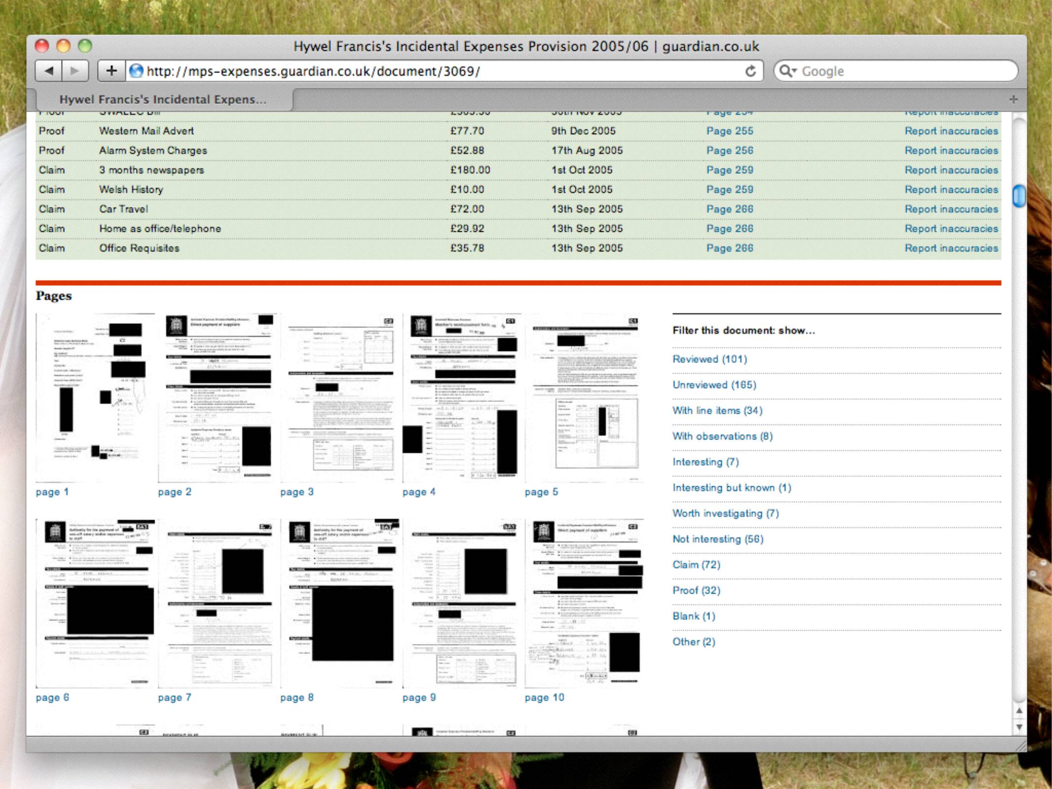 Screenshot showing thumbnails of a document that is being processed.