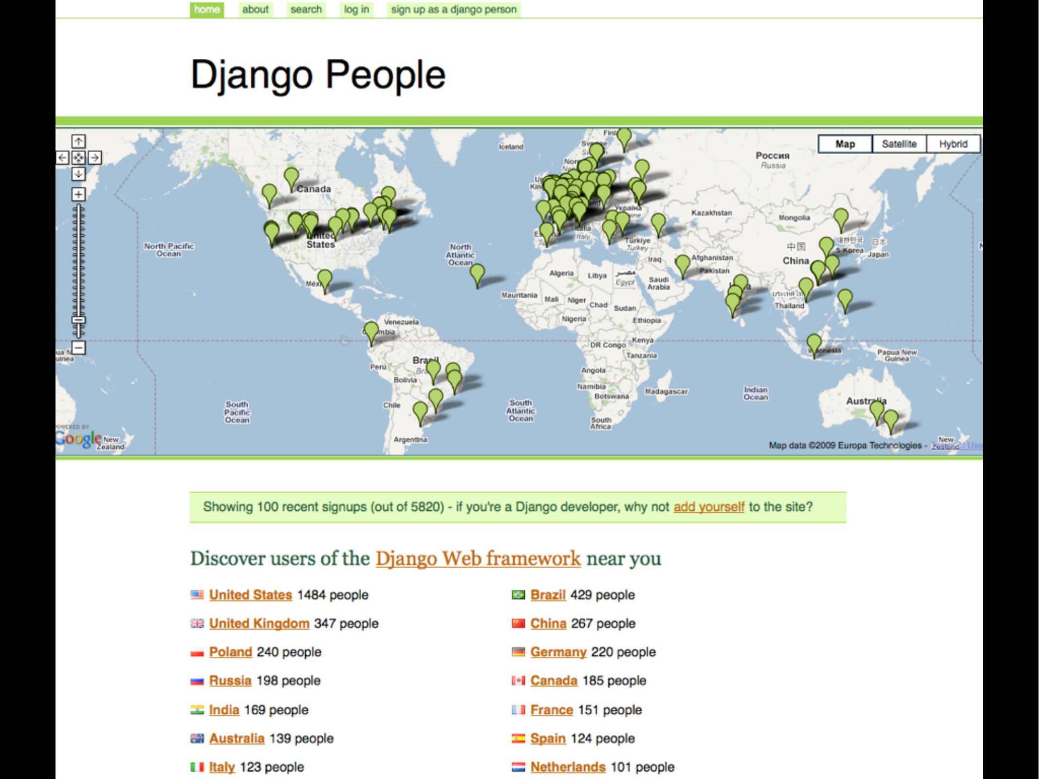 Django People

A map of the world with green markers, plus a table of the countries with the most registered Django community members.