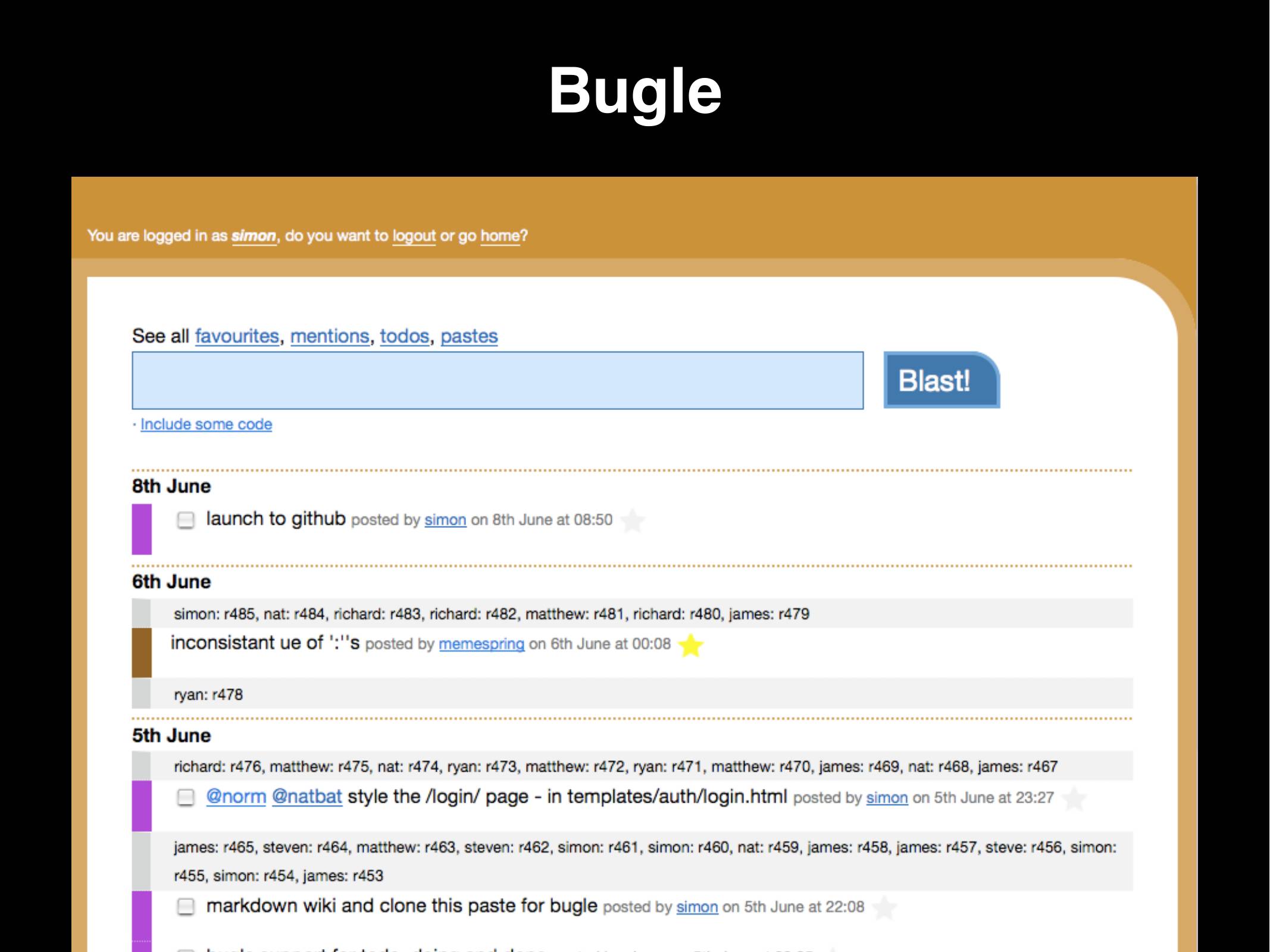 Screenshot of Bugle - it looks like Twitter, has a "blast! button, various messages include todo list items and git commits and messages and at-mentions