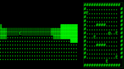 Animated demo GIF. Green ASCII art on black, with a map on the right and a Doom-style first person view on the left.