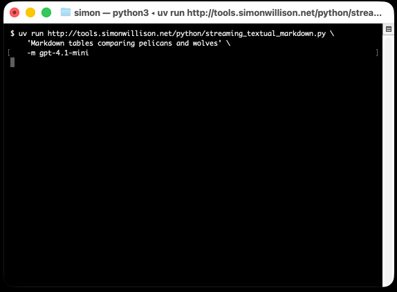 Running that prompt streams a Markdown table to my console.