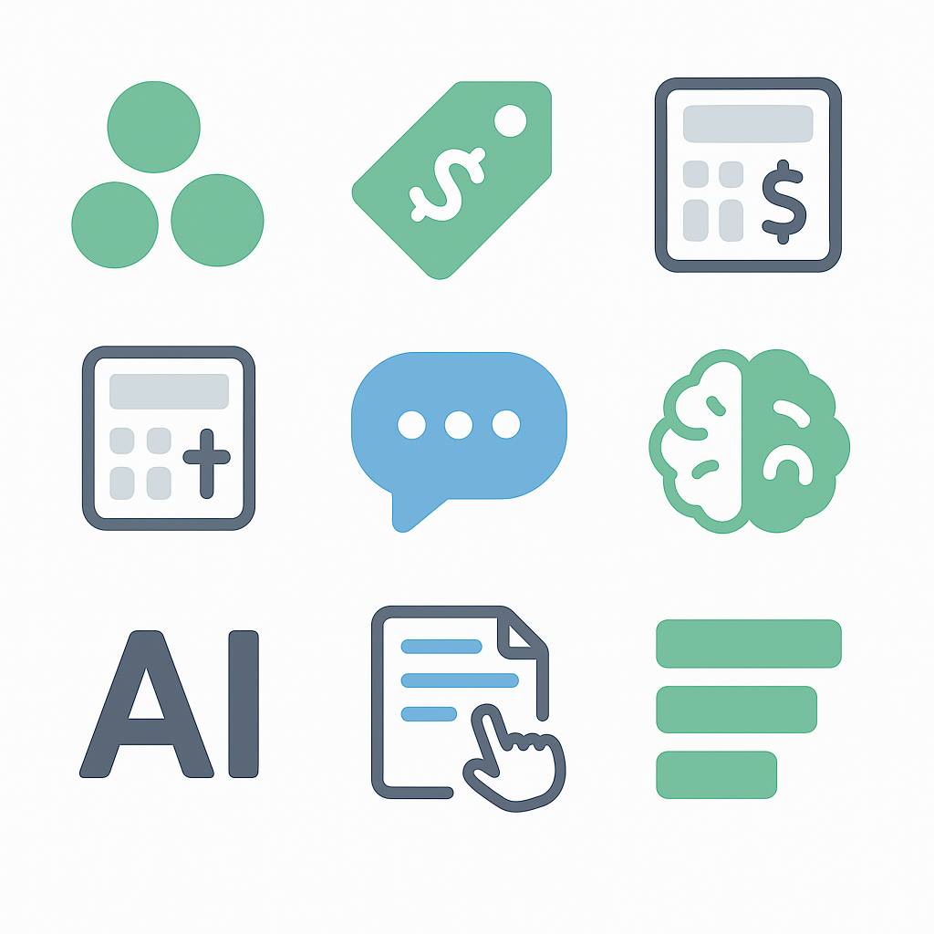 A 3x3 grid of simple icon concepts: green coins/circles, a green price tag with dollar sign, a calculator with dollar sign, a calculator with plus sign, a blue chat bubble with three dots, a green brain icon, the letters "AI" in dark gray, a document with finger pointing at it, and green horizontal bars of decreasing size.