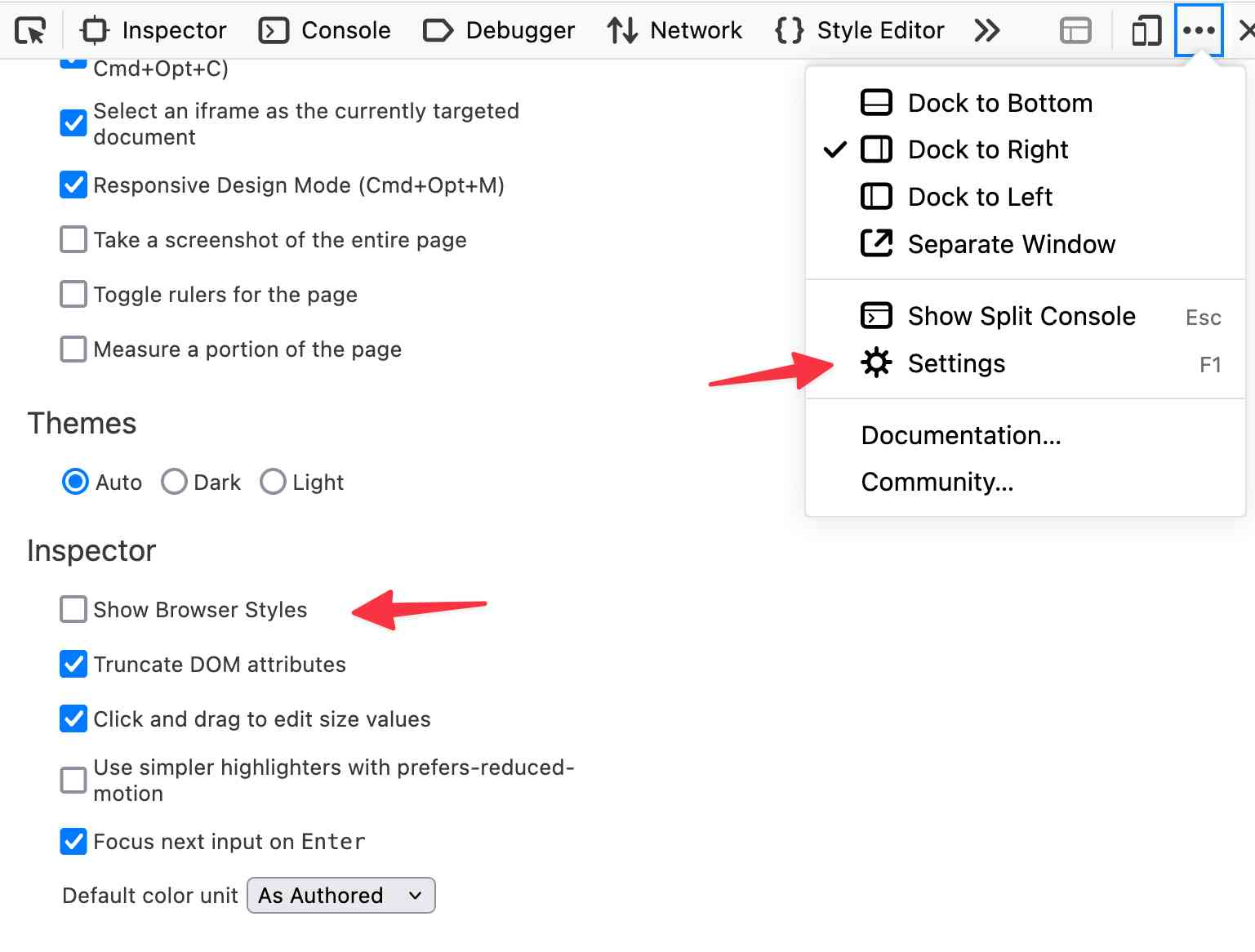 Screenshot of Firefox DevTools - click the dot-dot-dot menu, then Settings, then in the Inspector section click Show Browser Styles