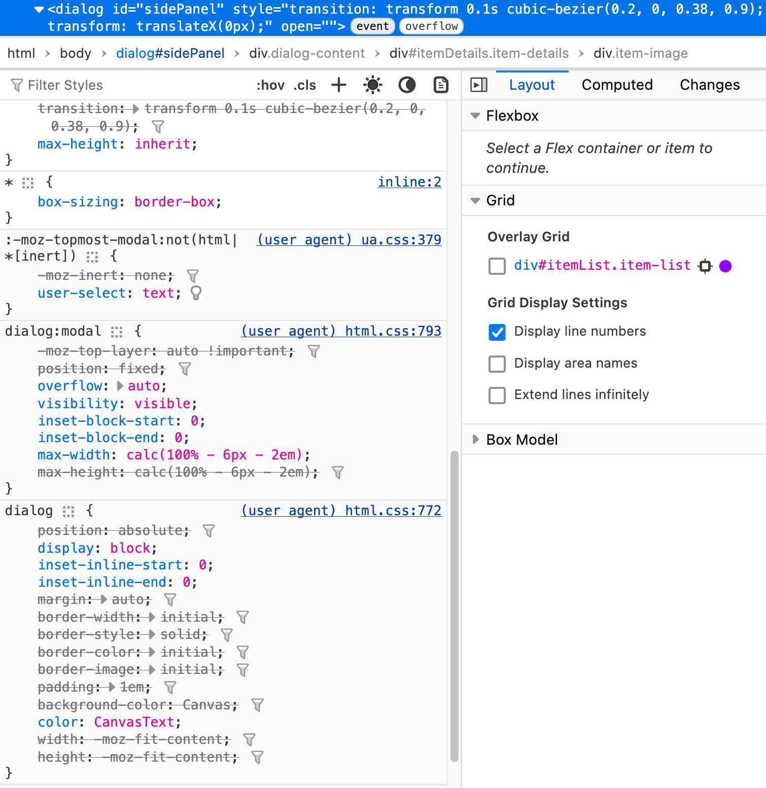 DevTools now shows a lot of CSS for the dialog and dialog, displayed as coming from user_agent html.css