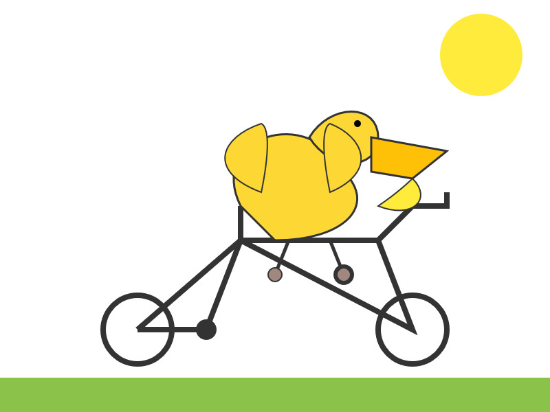 The bicycle has too many bits of frame in the wrong direction. The pelican is yellow and weirdly shaped.