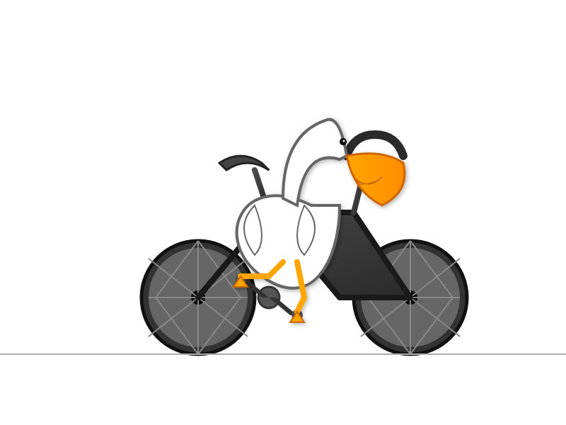 The bicycle has spokes that look like a spider web. The pelican is goofy but recognizable.