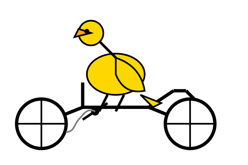 Alt text by Gemini 2.5 Flash Lite Preview: A stylized yellow bird with a black outline rides a black bicycle with two black wheels and a black frame. The bird has a circular head with a black eye and an orange beak, and a round body with two black legs.
