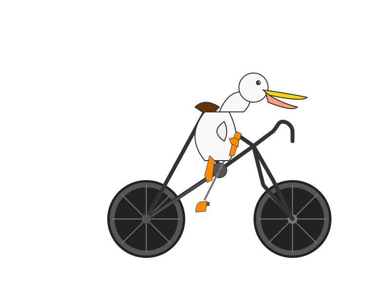 Alt text by Gemini 2.5 Flash: A cartoon white duck with a yellow and pink beak and orange webbed feet is riding a black bicycle on a white background. The duck has a small brown saddle on its back, and its orange feet are positioned on the bicycle pedals.