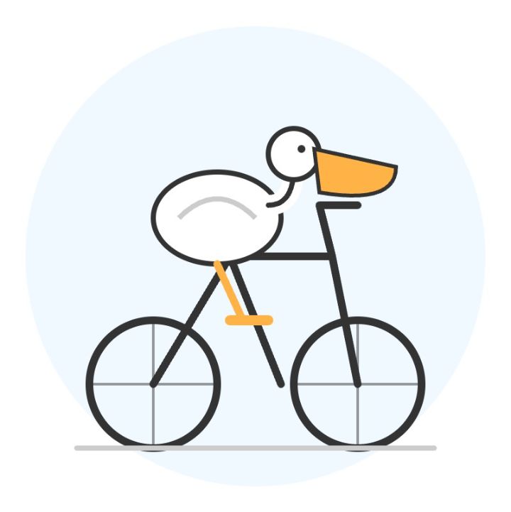Minimalist line-art illustration of a stylized white bird with a large orange beak riding a simple black bicycle with one orange pedal, centered against a light blue circular background.